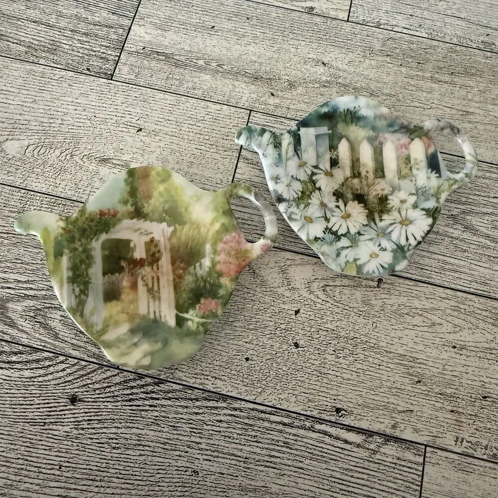 Set Of 2 Vintage Tea Bag Holders Flower Garden Scene Melamine Made In Italy